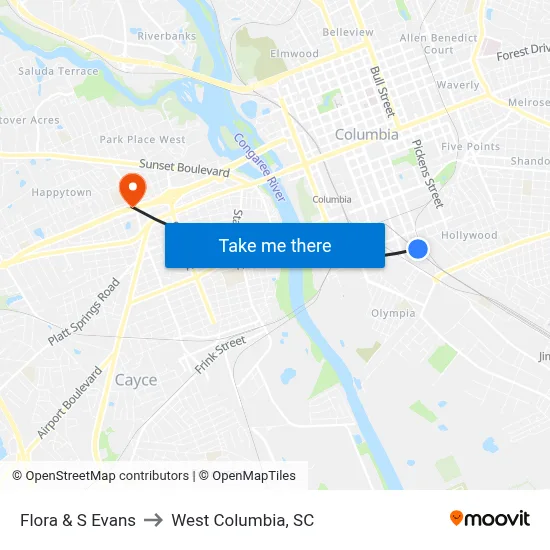Flora & S Evans to West Columbia, SC map