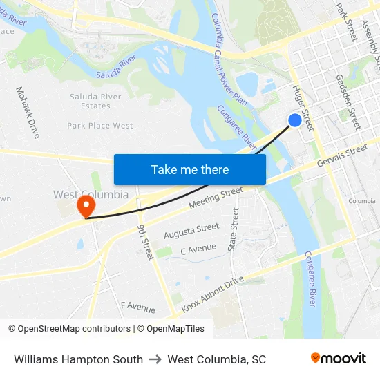 Williams Hampton South to West Columbia, SC map