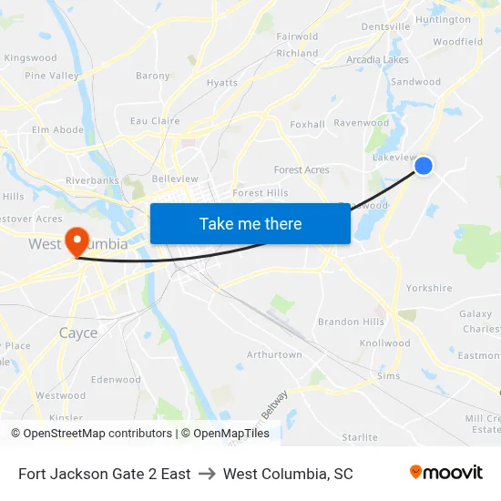 Fort Jackson Gate 2 East to West Columbia, SC map