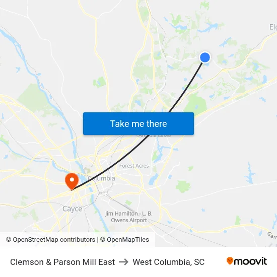 Clemson & Parson Mill East to West Columbia, SC map