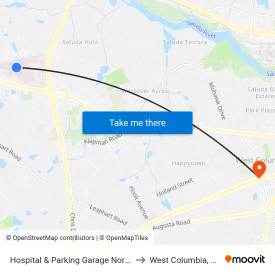 Hospital & Parking Garage North to West Columbia, SC map