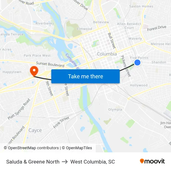 Saluda & Greene North to West Columbia, SC map
