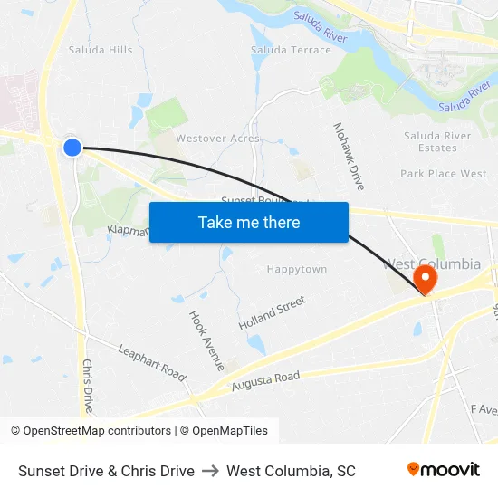 Sunset Drive & Chris Drive to West Columbia, SC map