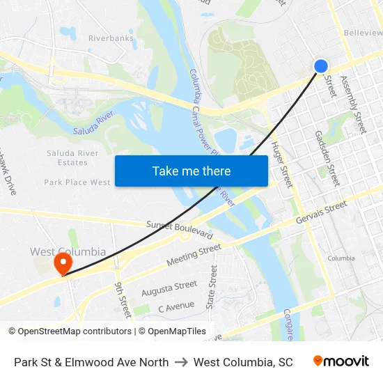 Park St & Elmwood Ave North to West Columbia, SC map