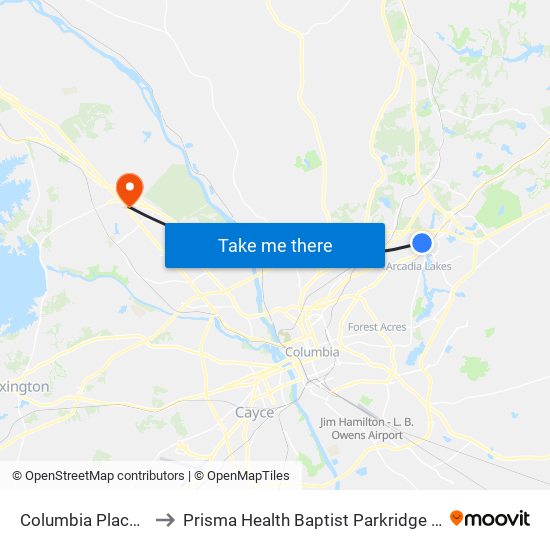 Columbia Place Mall to Prisma Health Baptist Parkridge Hospital map