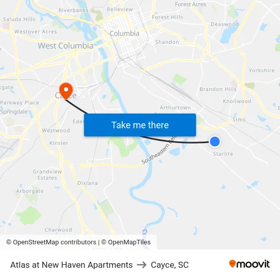 Atlas at New Haven Apartments to Cayce, SC map