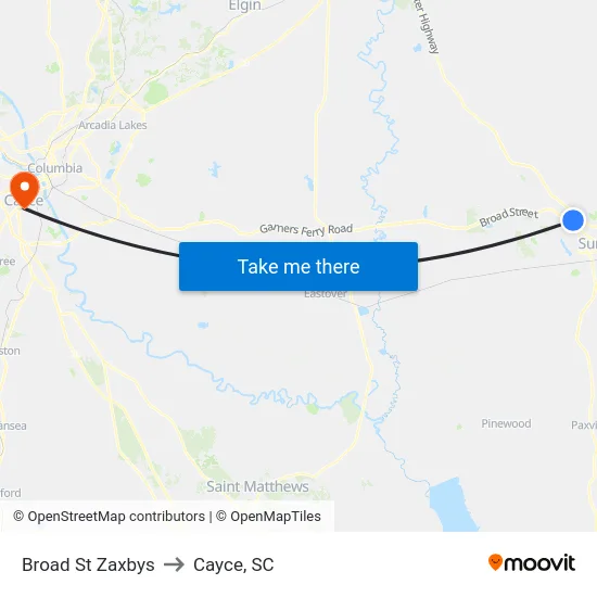 Broad St Zaxbys to Cayce, SC map