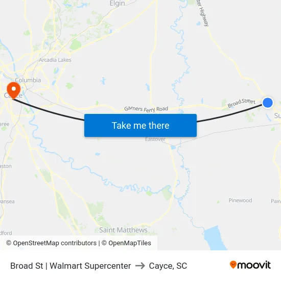 Broad St | Walmart Supercenter to Cayce, SC map