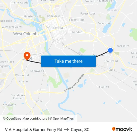 V A Hospital & Garner Ferry Rd to Cayce, SC map