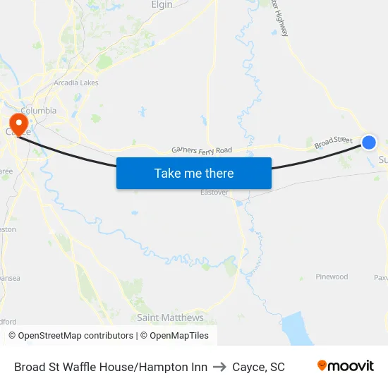 Broad St Waffle House/Hampton Inn to Cayce, SC map