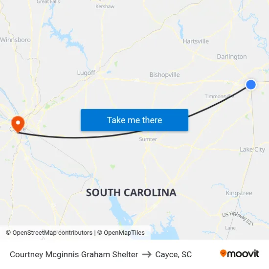 Courtney Mcginnis Graham Shelter to Cayce, SC map
