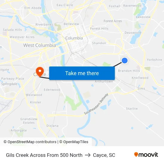 Gils Creek Across From 500 North to Cayce, SC map