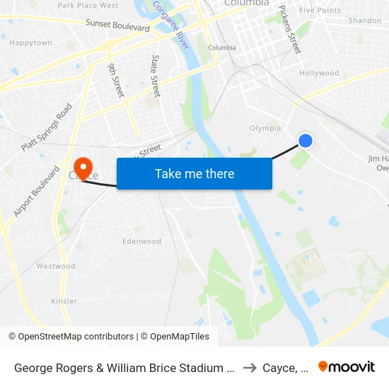George Rogers & William Brice Stadium East to Cayce, SC map