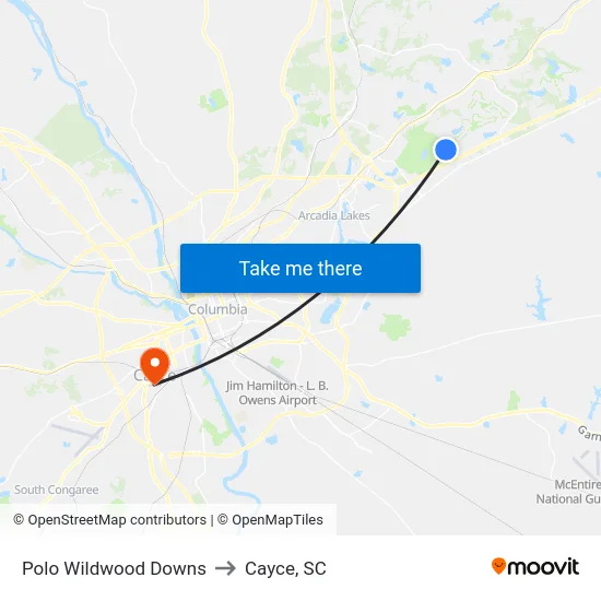 Polo Wildwood Downs to Cayce, SC map