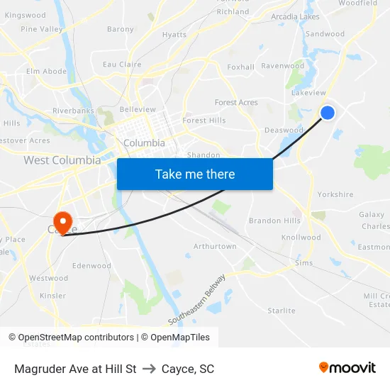 Magruder Ave at Hill St to Cayce, SC map