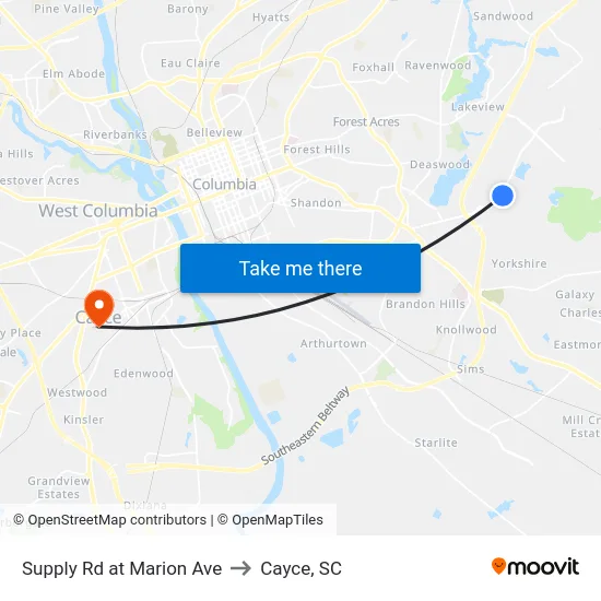Supply Rd at Marion Ave to Cayce, SC map