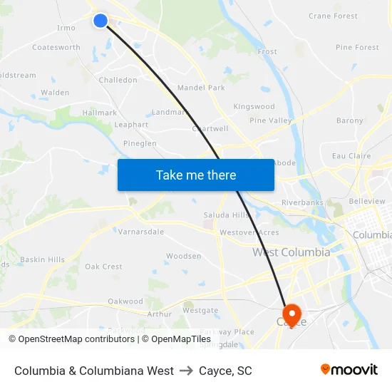 Columbia & Columbiana West to Cayce, SC map