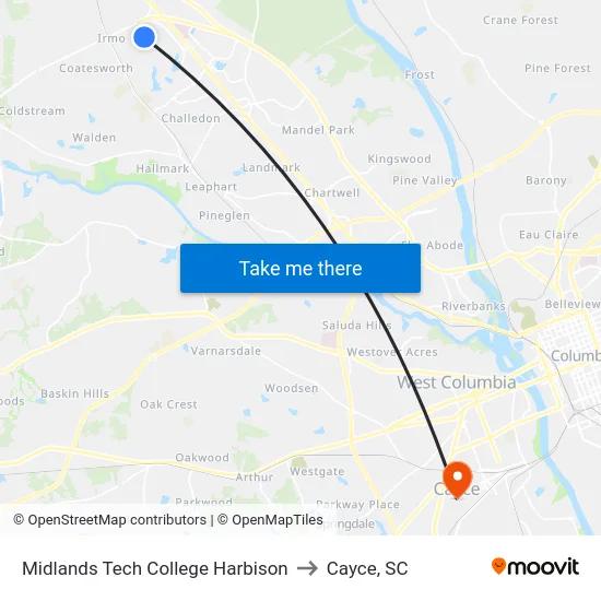 Midlands Tech College Harbison to Cayce, SC map