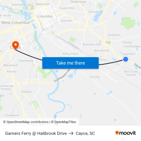 Garners Ferry @ Hallbrook Drive to Cayce, SC map