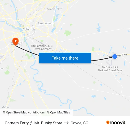Garners Ferry @ Mr. Bunky Store to Cayce, SC map