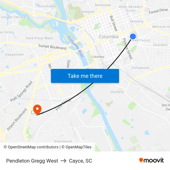 Pendleton Gregg West to Cayce, SC map