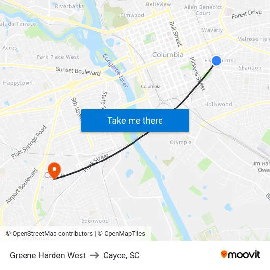 Greene Harden West to Cayce, SC map