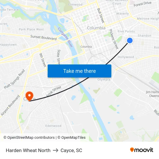 Harden Wheat North to Cayce, SC map