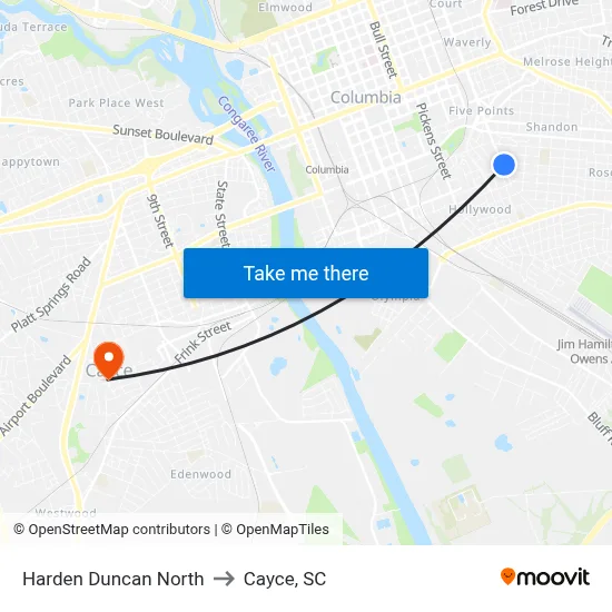 Harden Duncan North to Cayce, SC map