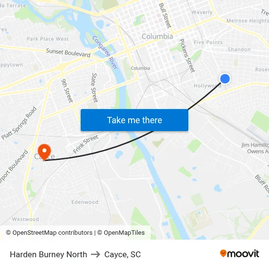 Harden Burney North to Cayce, SC map
