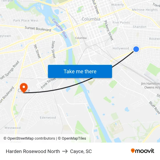 Harden Rosewood North to Cayce, SC map