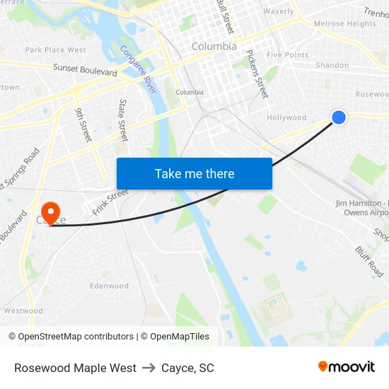 Rosewood Maple West to Cayce, SC map