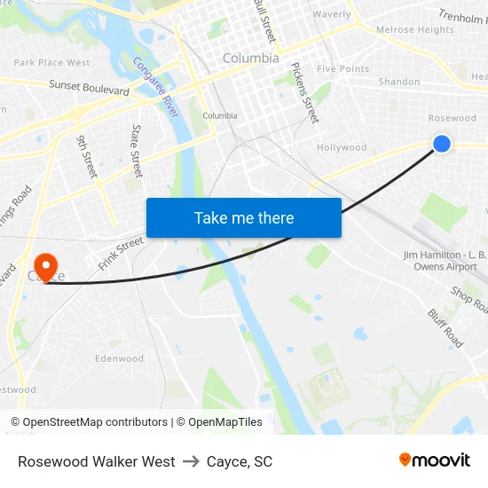 Rosewood Walker West to Cayce, SC map