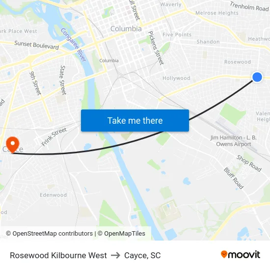 Rosewood Kilbourne West to Cayce, SC map