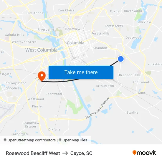 Rosewood Beecliff West to Cayce, SC map