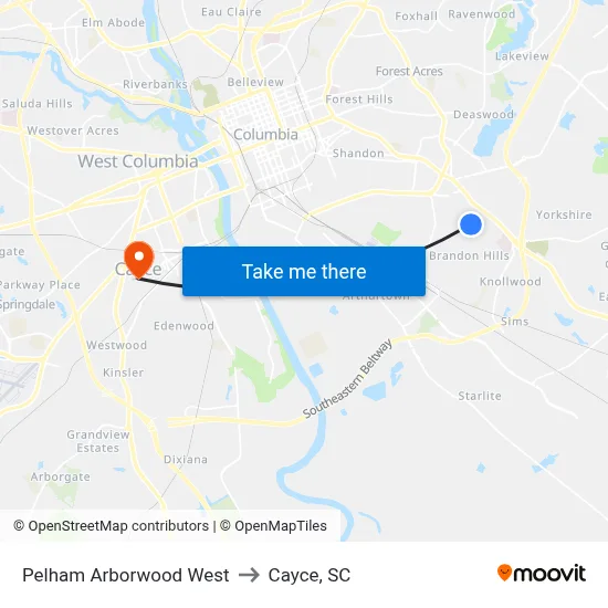 Pelham Arborwood West to Cayce, SC map