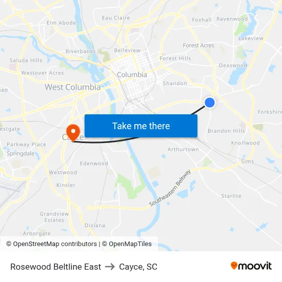 Rosewood Beltline East to Cayce, SC map