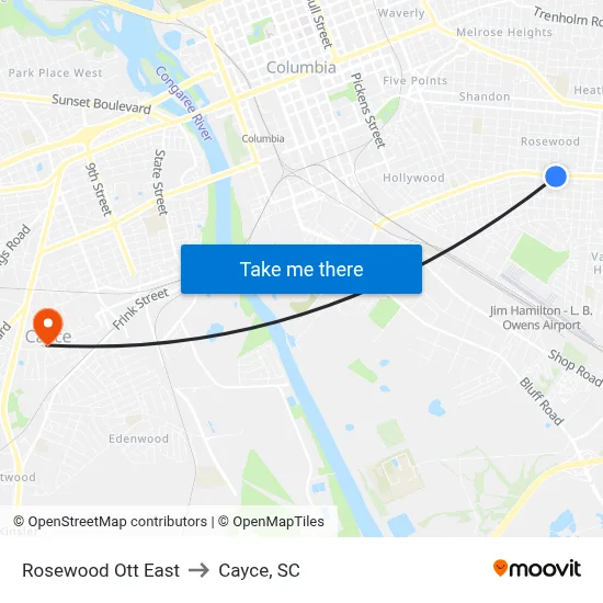 Rosewood Ott East to Cayce, SC map