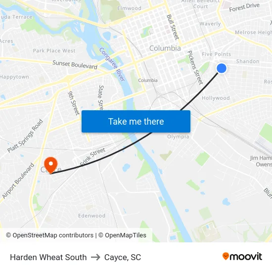 Harden Wheat South to Cayce, SC map