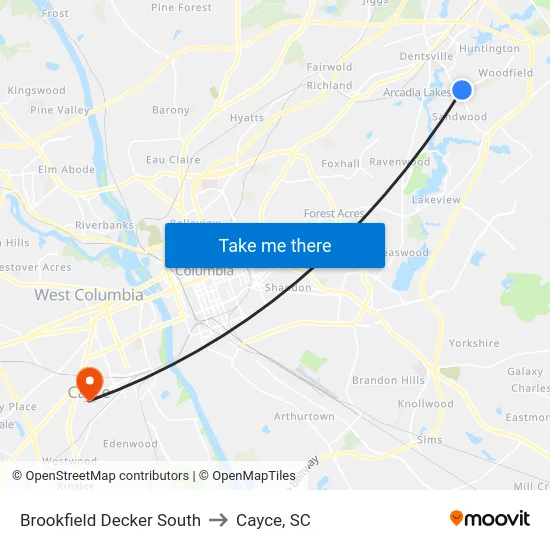 Brookfield Decker South to Cayce, SC map