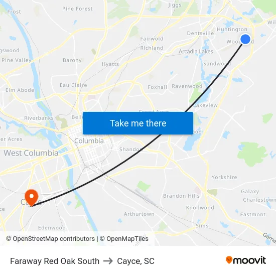 Faraway Red Oak South to Cayce, SC map