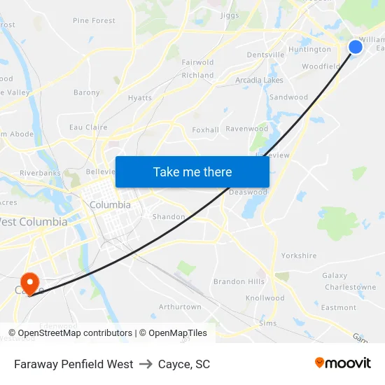 Faraway Penfield West to Cayce, SC map
