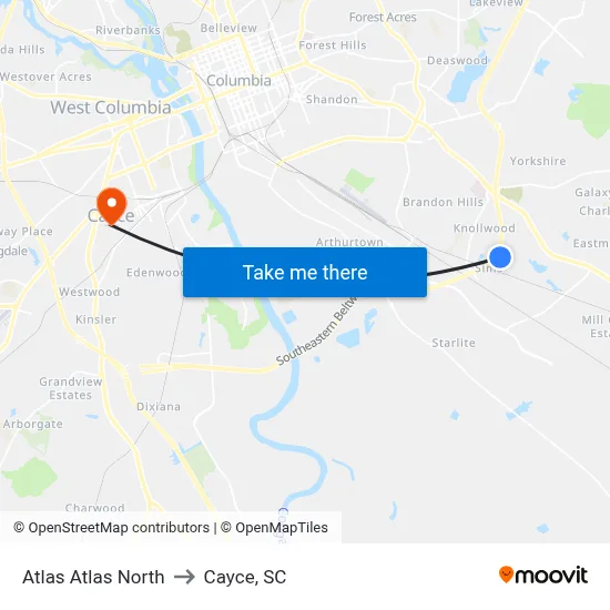 Atlas Atlas North to Cayce, SC map