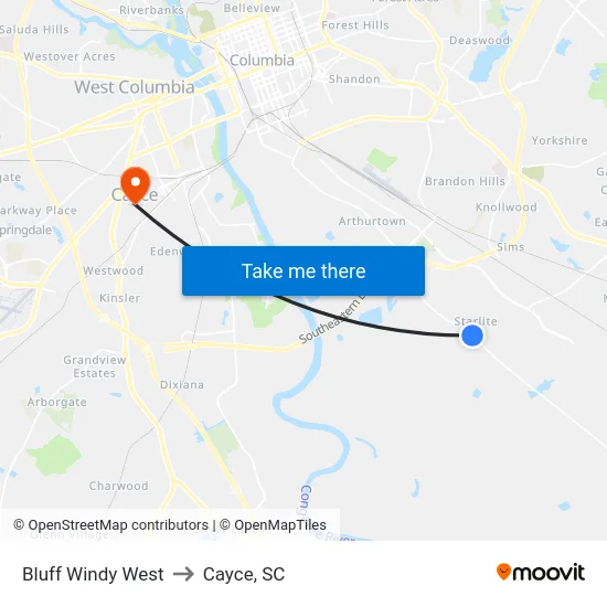 Bluff Windy West to Cayce, SC map
