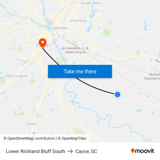 Lower Richland Bluff South to Cayce, SC map