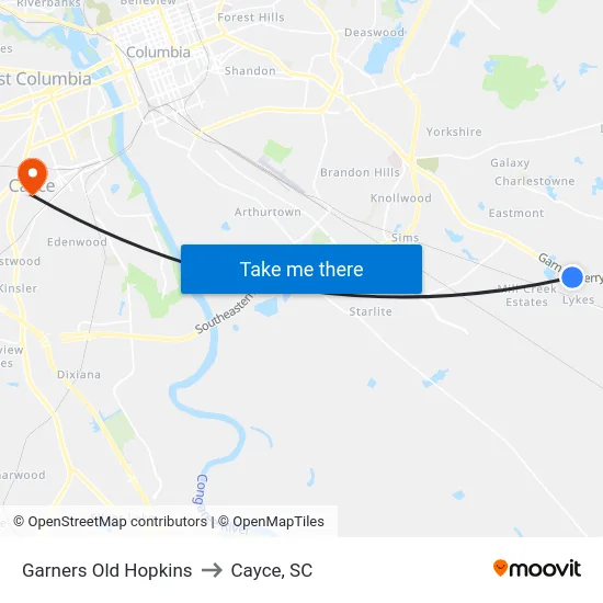 Garners Old Hopkins to Cayce, SC map