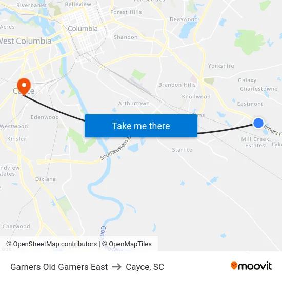 Garners Old Garners East to Cayce, SC map