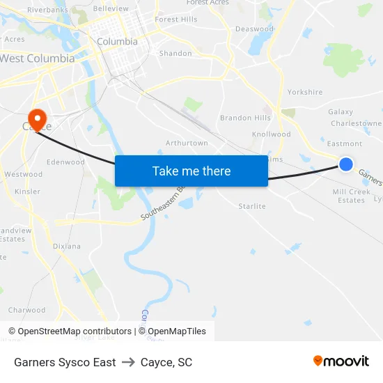 Garners Sysco East to Cayce, SC map
