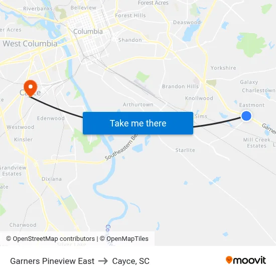 Garners Pineview East to Cayce, SC map