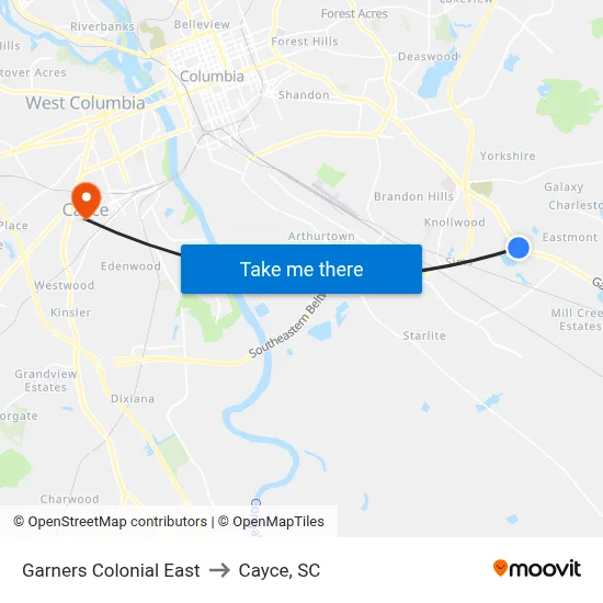 Garners Colonial East to Cayce, SC map