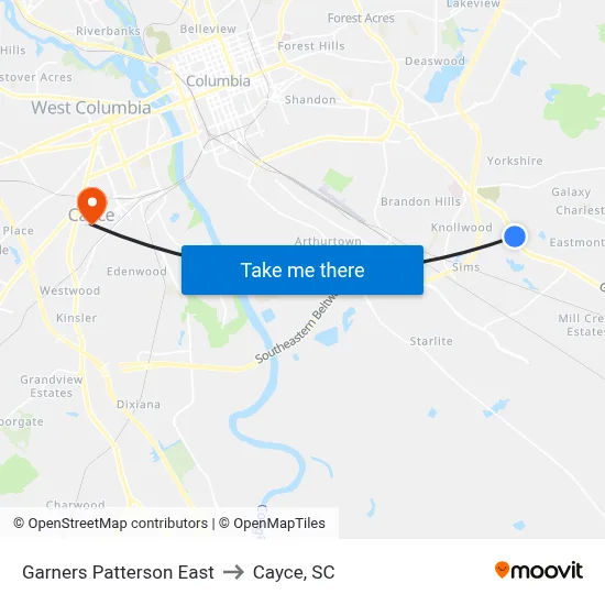 Garners Patterson East to Cayce, SC map